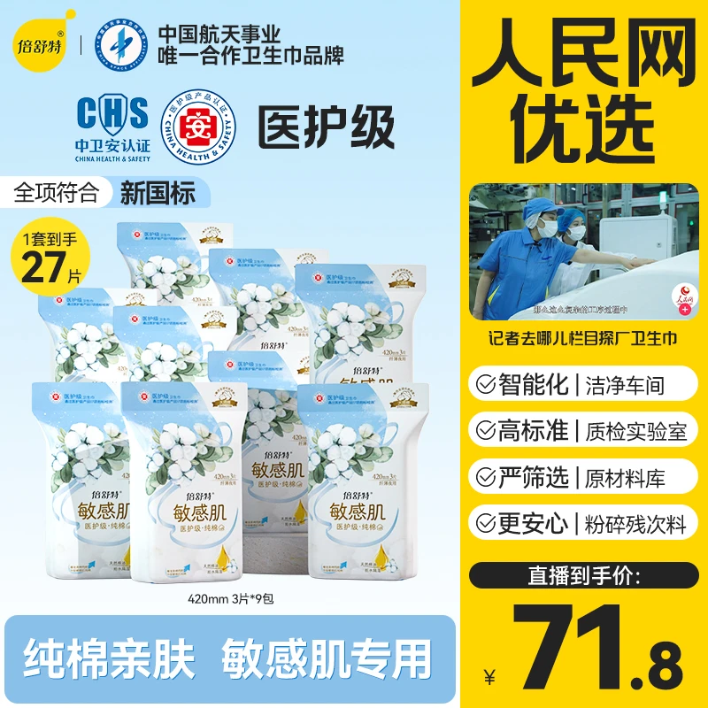 纯棉医420mm棉面防漏卫生巾