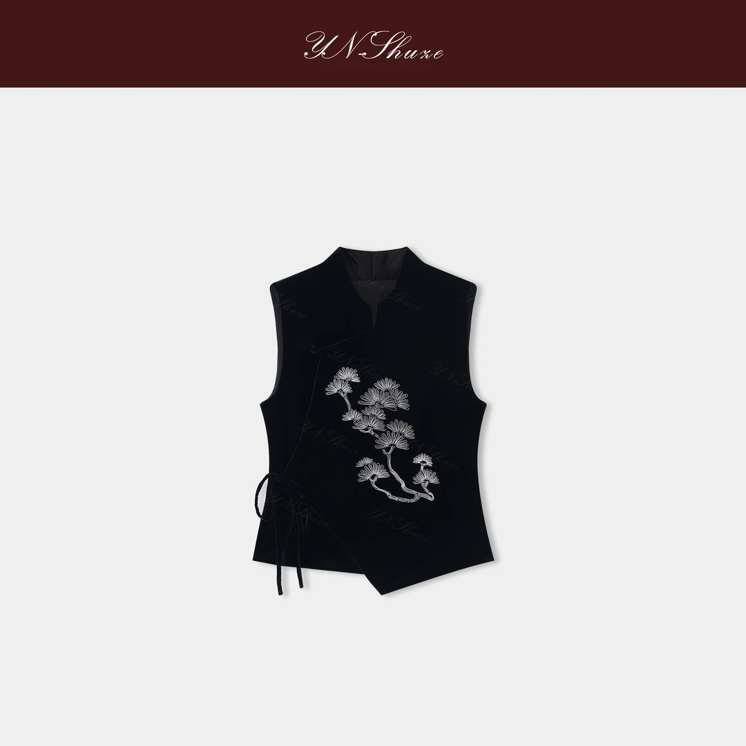 YN-SHUZE【松韵墨绒】新中式丝绒花纹刺绣真丝马甲SZ-YNC-C261A006