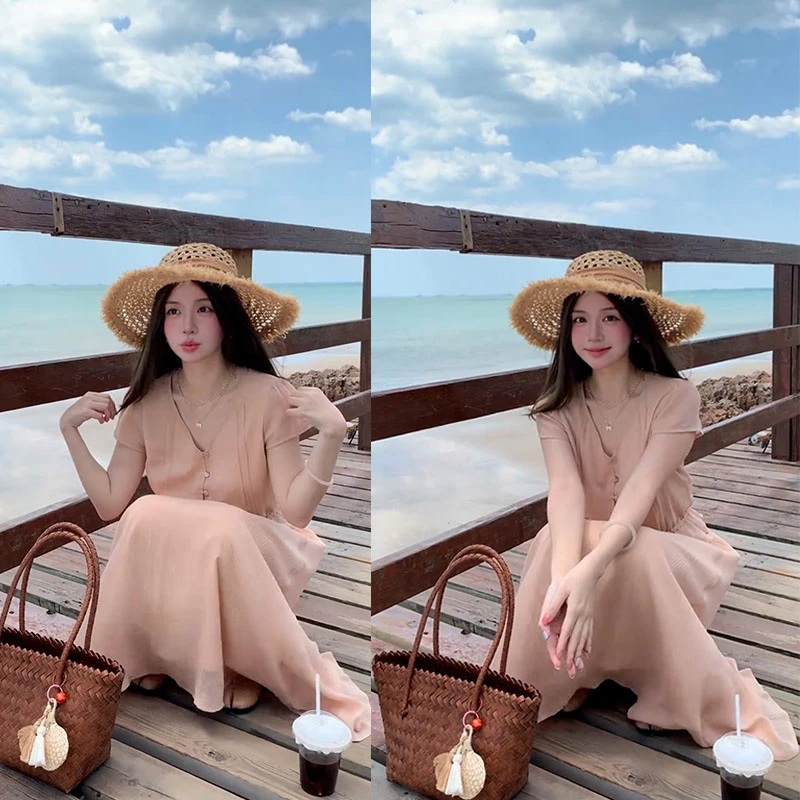 2025夏季新款法式温柔风气质甜美感度假风V领上衣女半身裙两件套