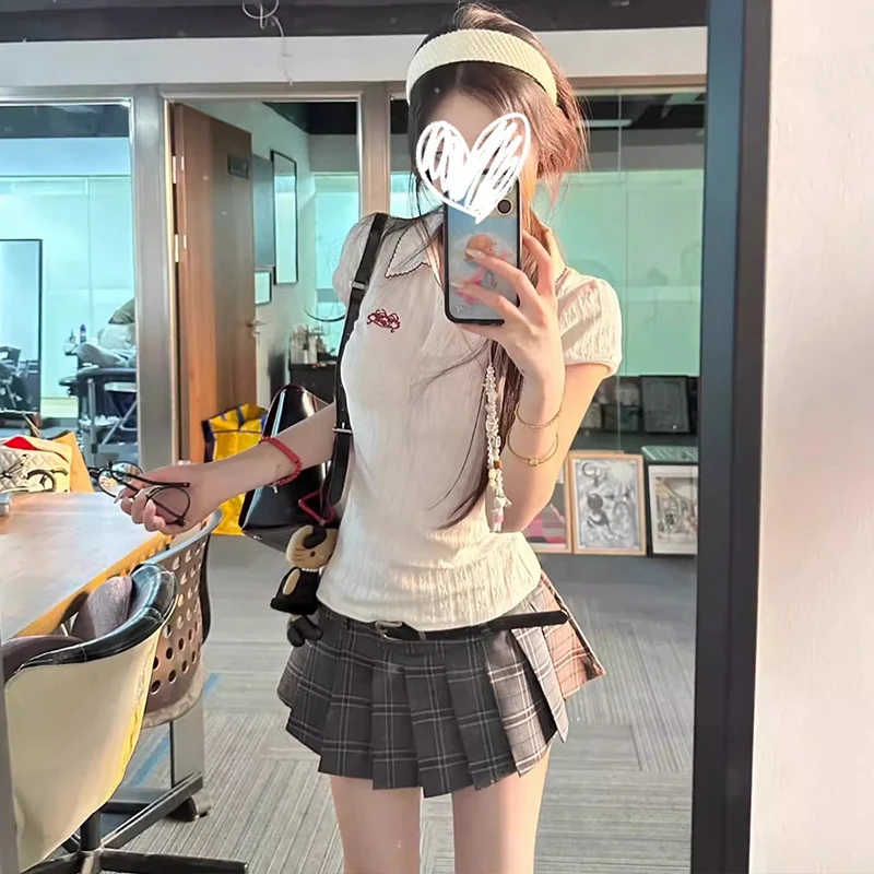 学院风polo领印花短袖T恤女夏季新款设计感小众修身显瘦独特上衣