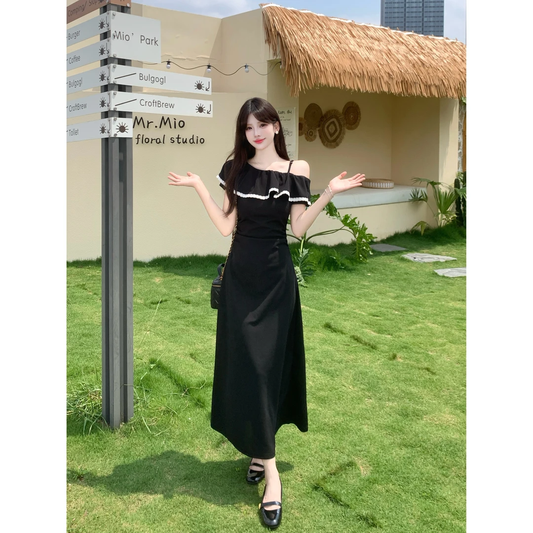 大码胖mm曼妙舞曲2025夏女装气质收腰显瘦时尚长款黑色连衣裙女