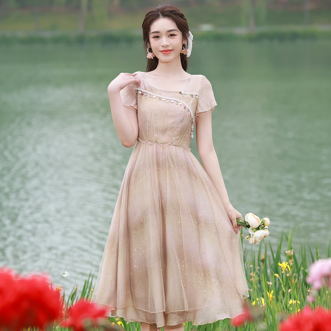 烟花烫新中式复古气质连衣裙女夏季新款小个子修身显瘦裙子 风帆