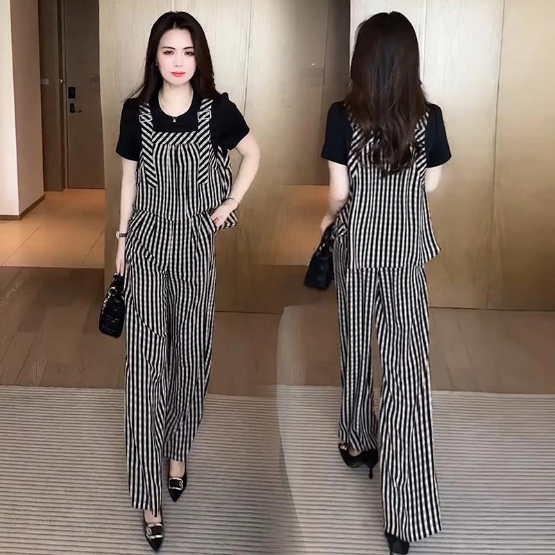 时尚条纹套装女2025夏季新款洋气质显瘦假两件短袖阔腿裤两件套潮