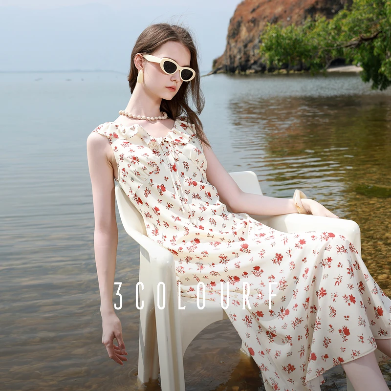 三彩独醒2025夏季新款碎花连衣裙荷叶边蓝色收腰A字裙长裙浪漫女F
