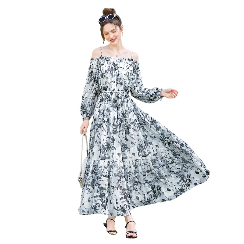 她池2025春装新款女装时尚印花长款一字领大摆连衣裙T51Z0130LB