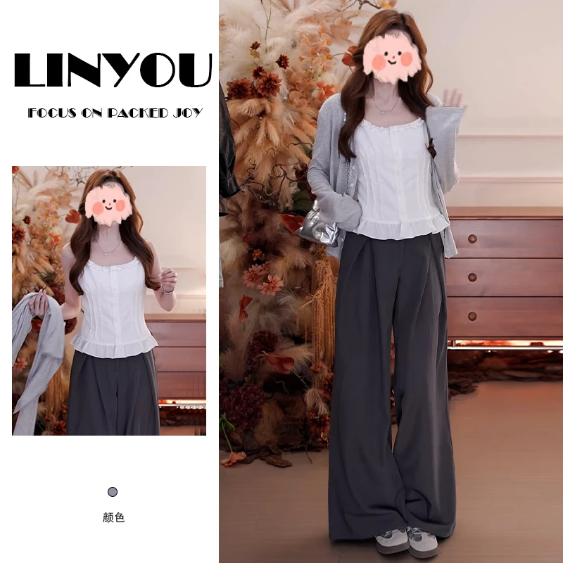 早秋出游穿搭一整套女装木耳边吊带背心灰色开衫外套休闲裤三件套