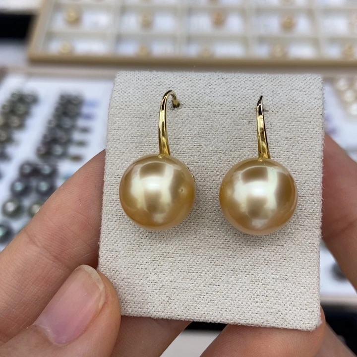 银S925镶嵌耳饰海水珍珠金珠11-12