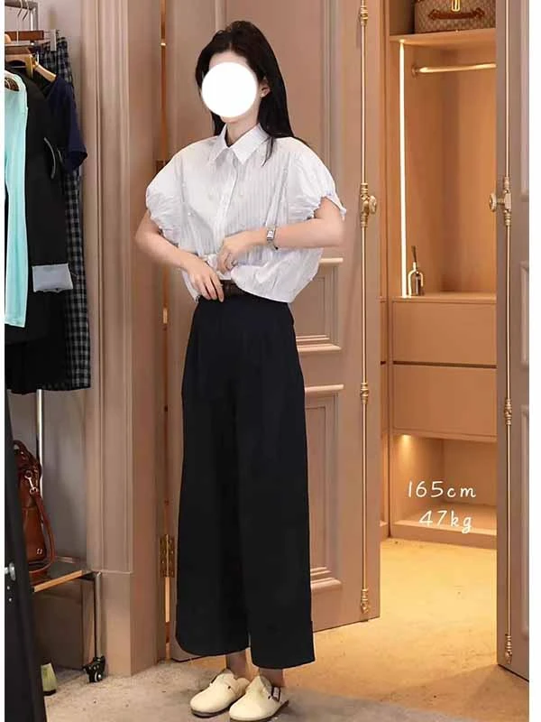 多娜同款女装夏季精致休闲风珍珠条纹短袖衬衫气质通勤风洋气上衣