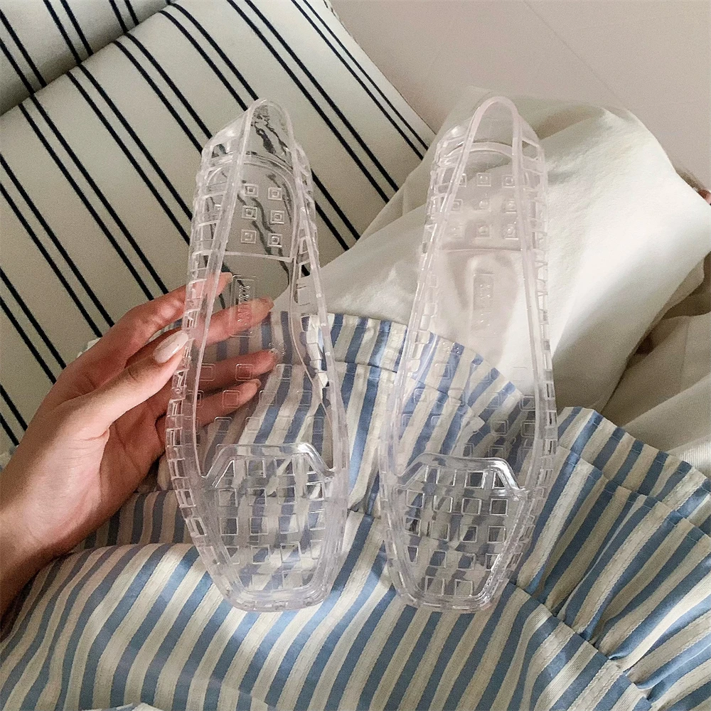 细细条 韩版ins透明水晶果冻鞋方头平底单鞋女懒人度假镂空洞洞鞋
