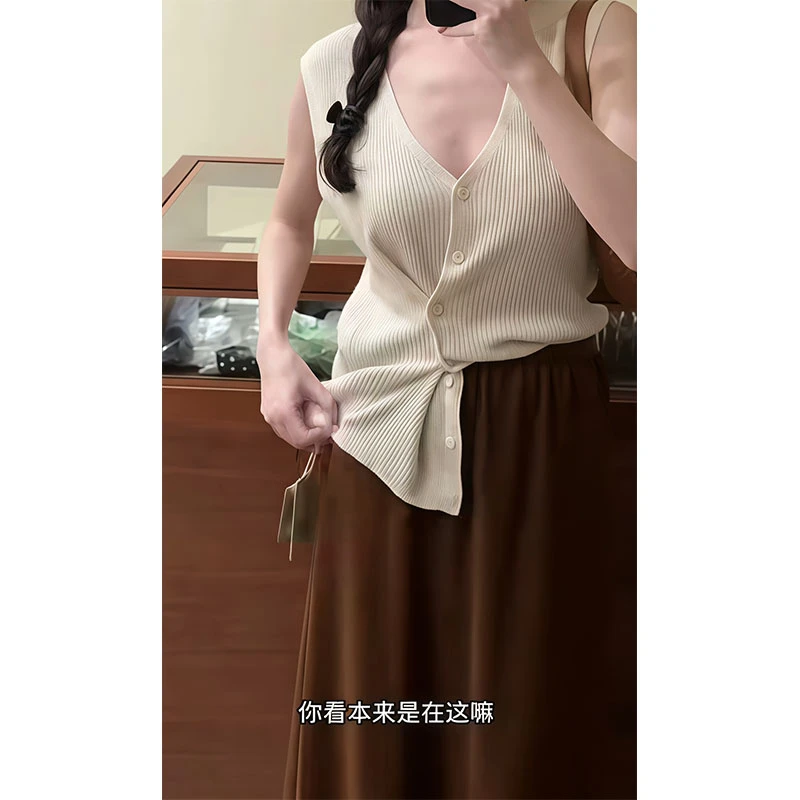 夏季时尚小众设计款显瘦修身针织无袖V领上衣收腰a字高级感半身裙