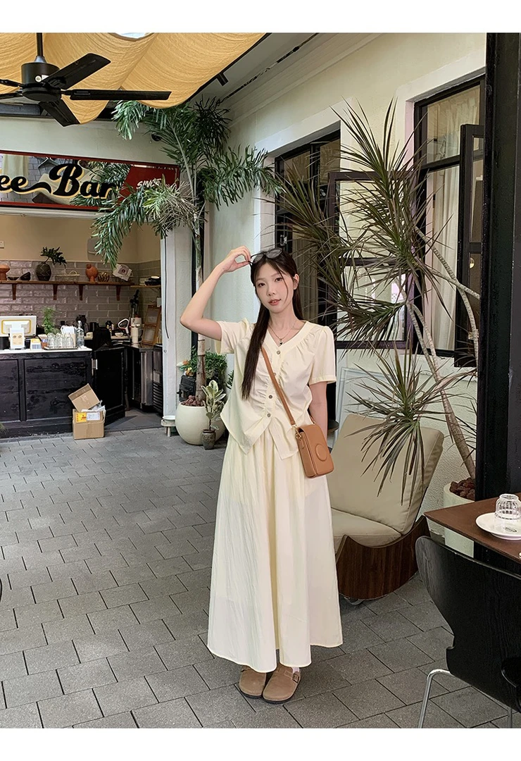 2025夏装胖妹妹大码法式褶皱温柔风度假T恤半裙连衣裙套装