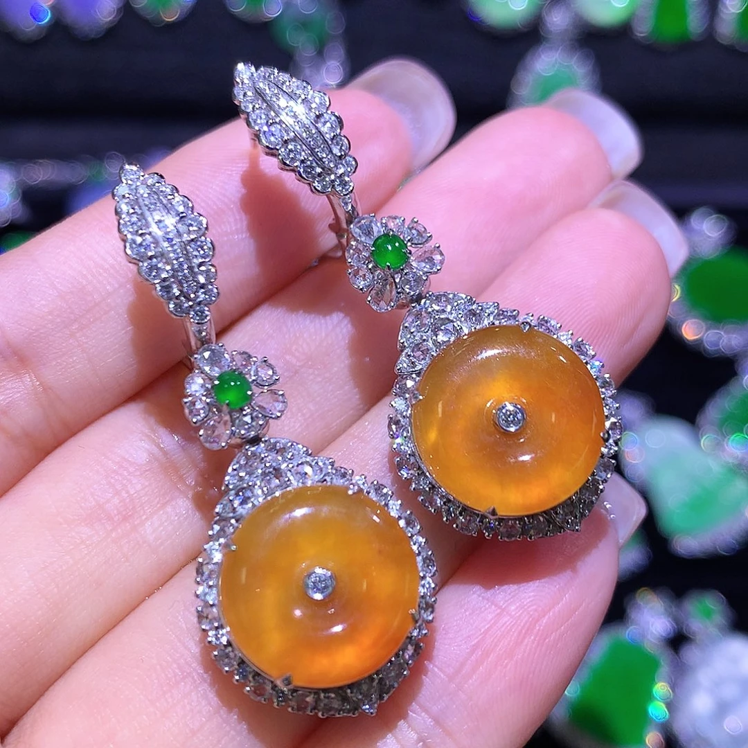 翡翠18K金镶嵌耳饰高冰黄翡后盖可拆卸吊坠耳坠