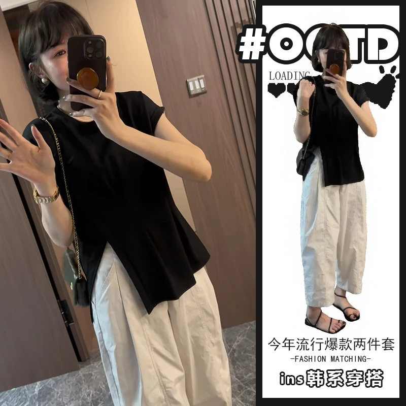 2025年高级感两件套穿搭女时尚气质开叉短袖上衣搭配休闲运动裤潮