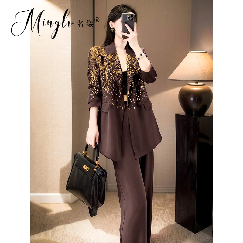 2025年秋季高智姐感穿搭套装女洋派时髦钉珠咖啡色西装西裤两件套