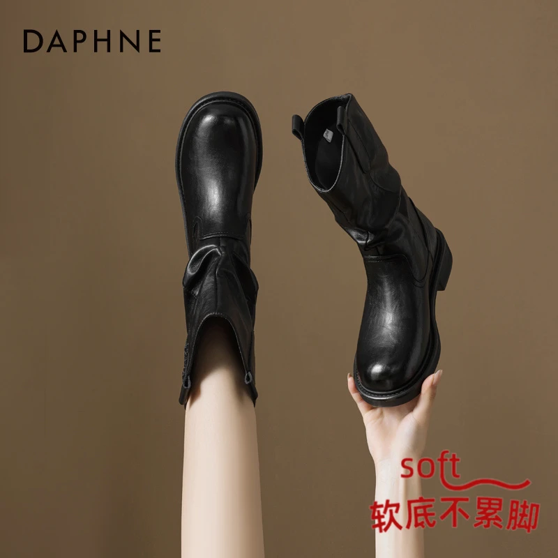 达芙妮中筒时装靴女2025秋冬新款粗跟堆堆马丁靴女英伦风百搭短靴