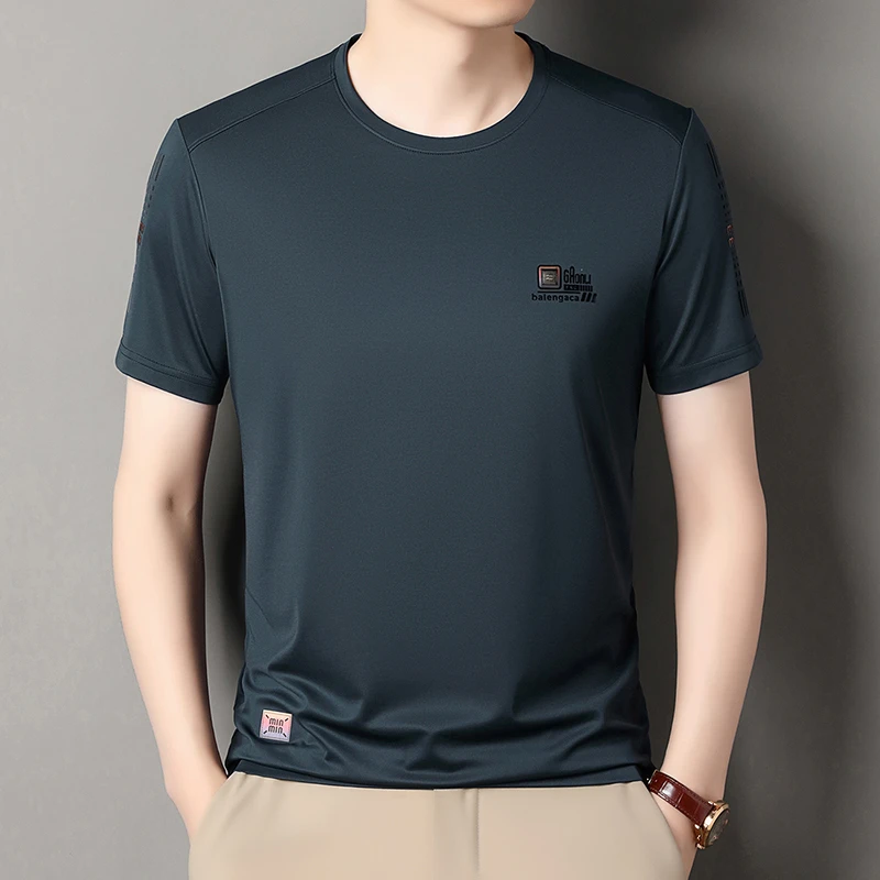 高档时尚圆领短袖2025男士爆款冰丝透气速干宽松大码中年男装半袖