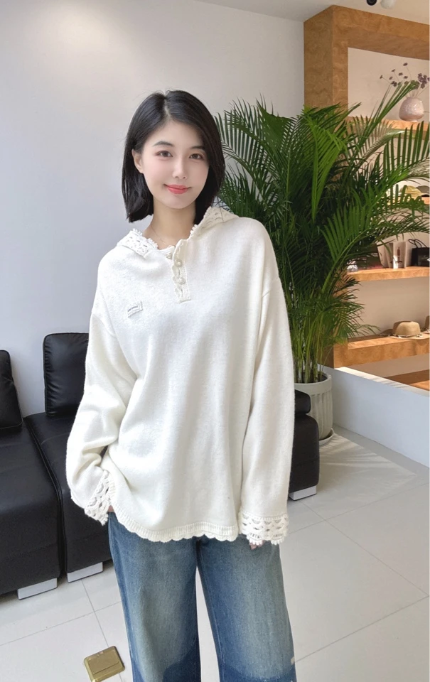 SHRO ENRO上衣｜手钩花边针织连帽针织卫衣180