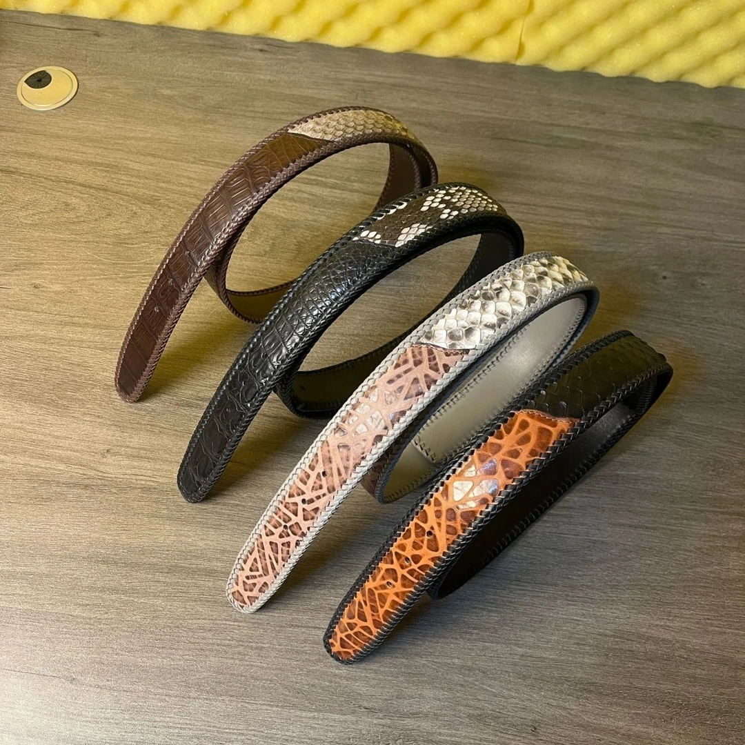 鳄鱼皮配蛇纹皮腰带不带头编织蛇纹皮配牛皮男士无头裤带