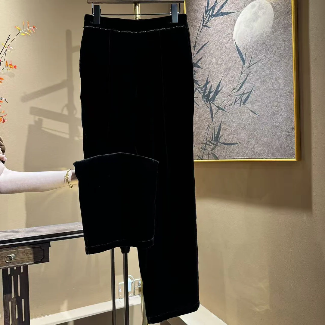 【丝香妃】 高定新款100%桑蚕丝丝绒显瘦百搭加棉直筒裤       669