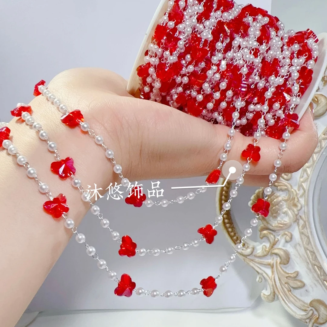 （沐悠饰品diy）L0053 “蝶恋花”银红珍珠链高保色水晶流苏diy.链条