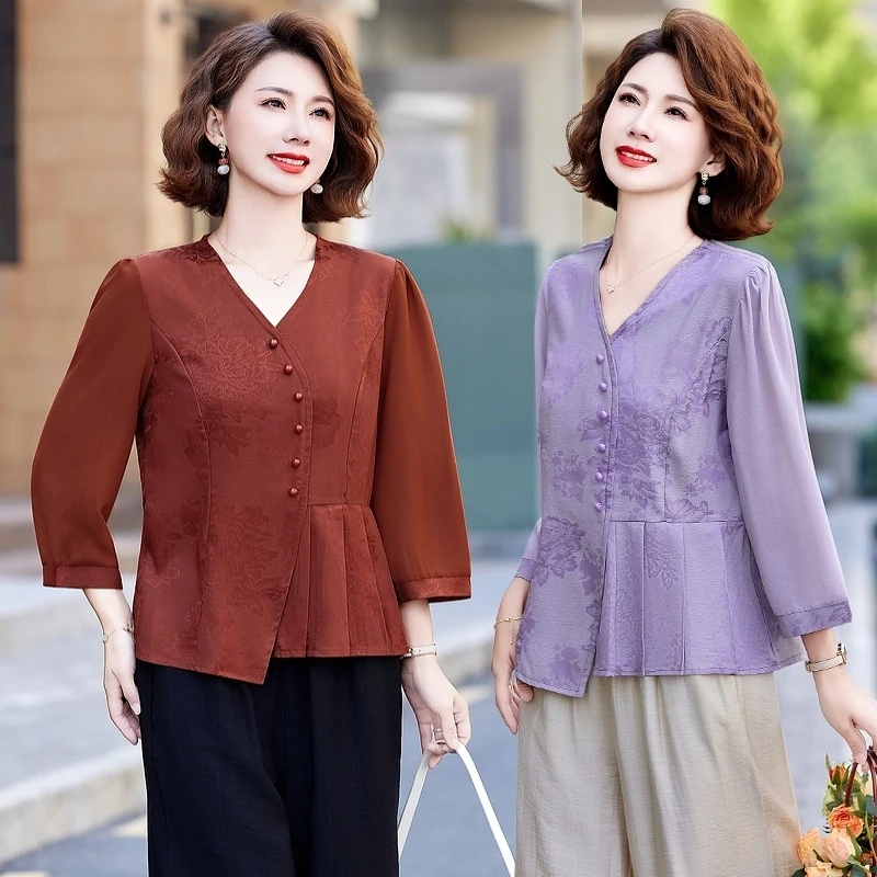 妈妈装夏装时尚中袖上衣两件套中老年女夏季中式小衫阔腿裤两件套