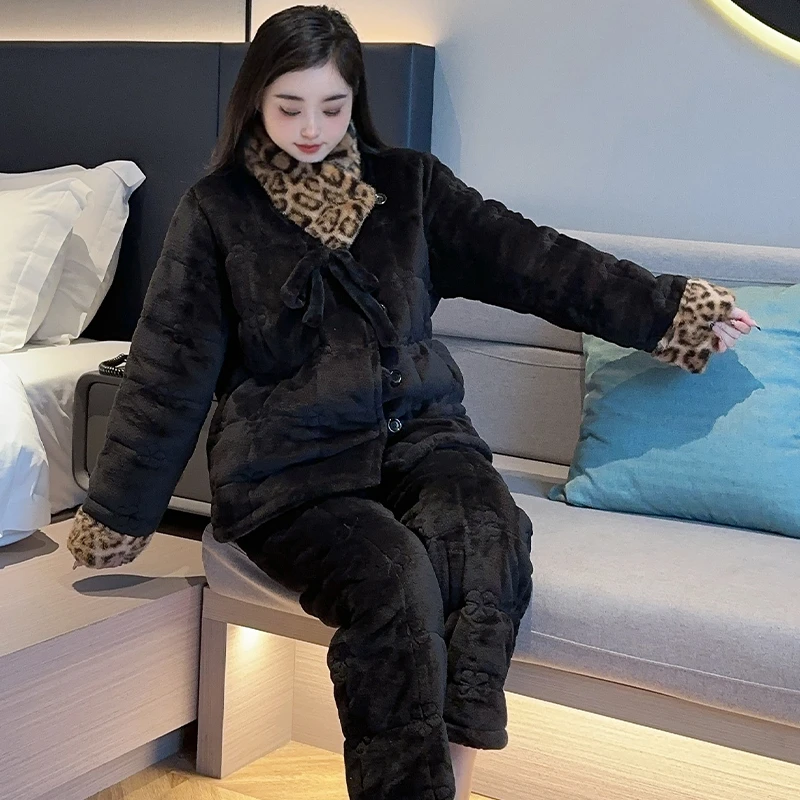 庆同豹纹领子三层夹棉加厚睡衣女士套装甜美可爱休闲可外穿家居服