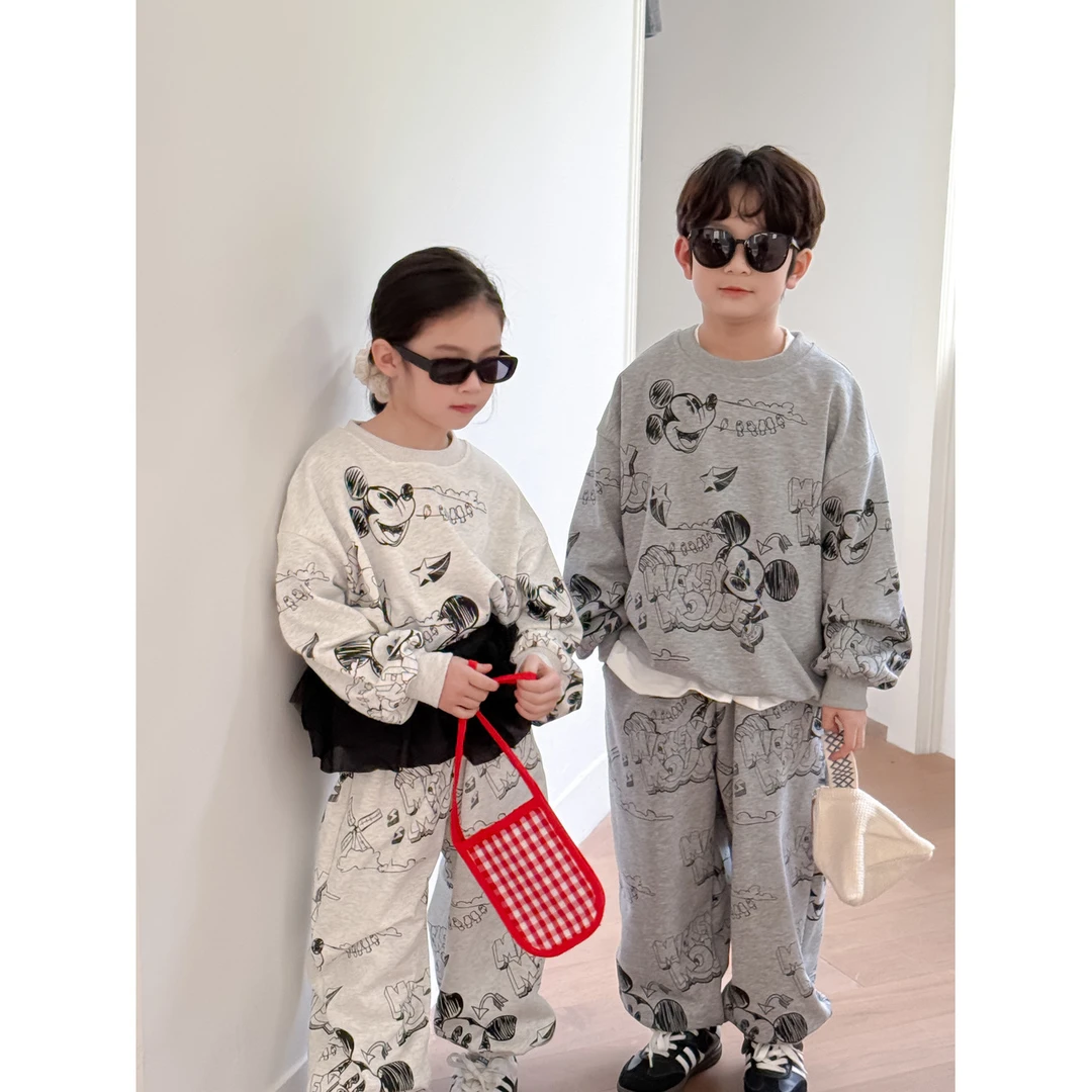 童套装2025春款男童女童韩版满版卡通印花卫衣套装儿童圆领两件套