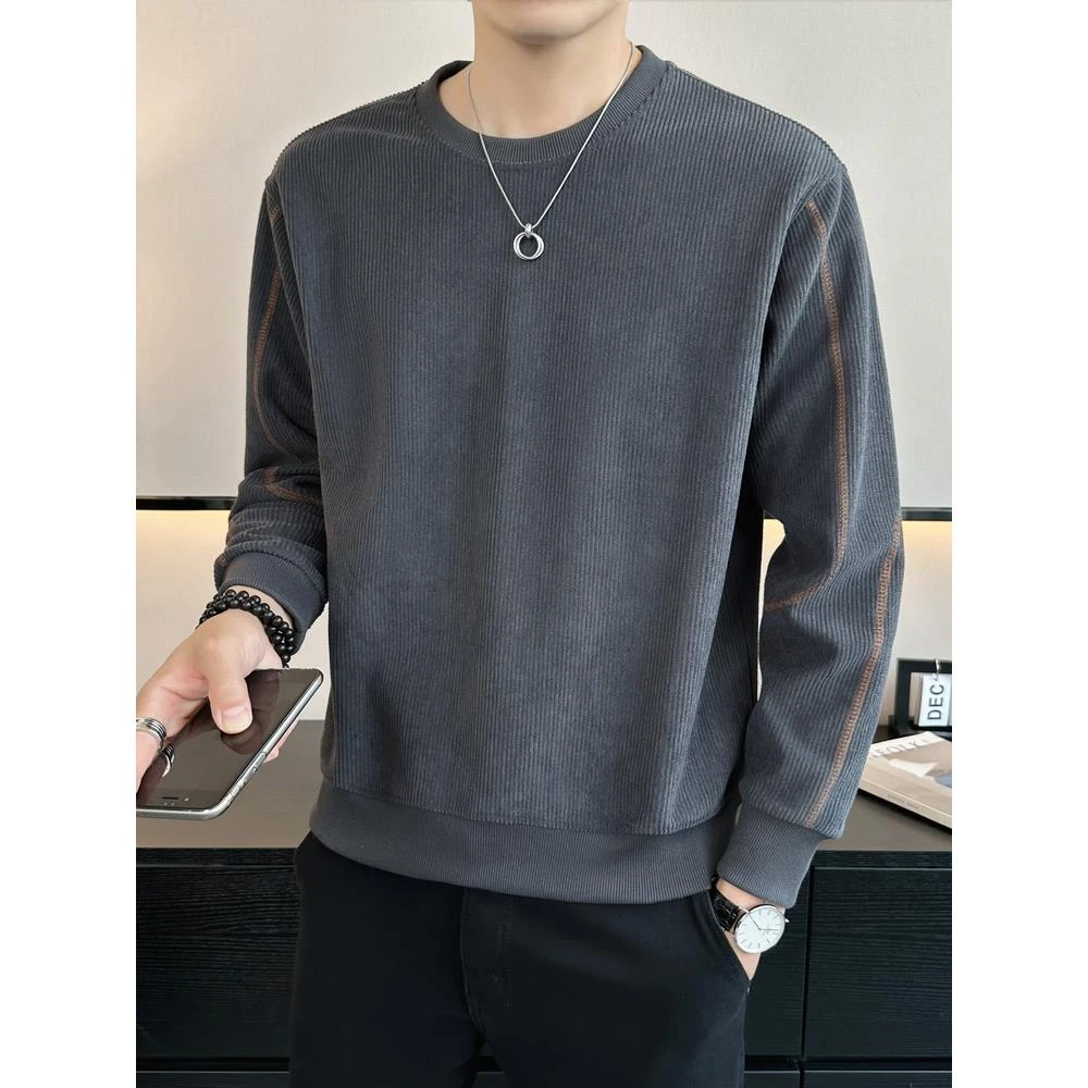 ICCLEK条绒针织卫衣男2025新款春秋季设计感复古长袖圆领打底衫潮