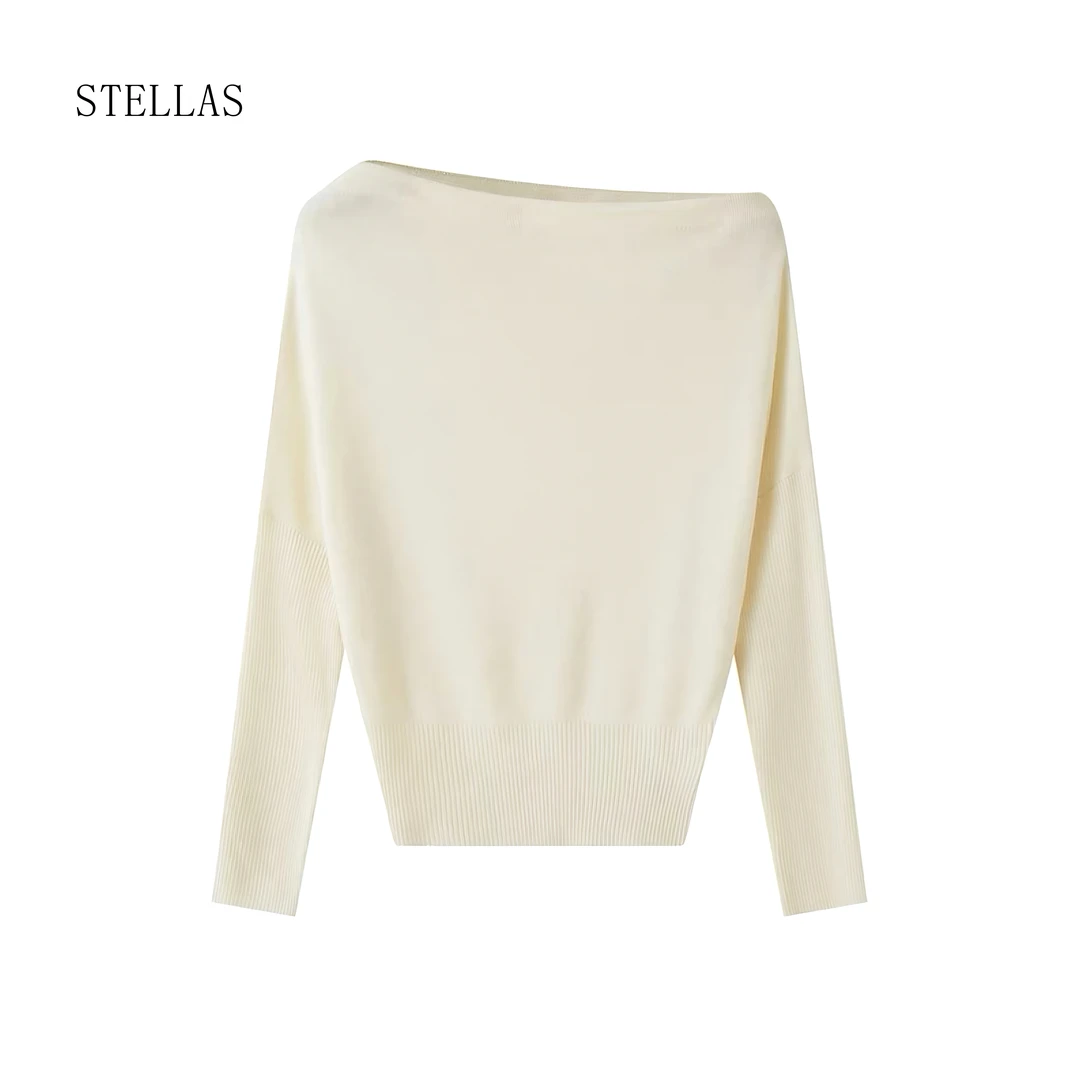 STELLAS  极简主义 羊毛一字领蝙蝠袖宽松针织衫