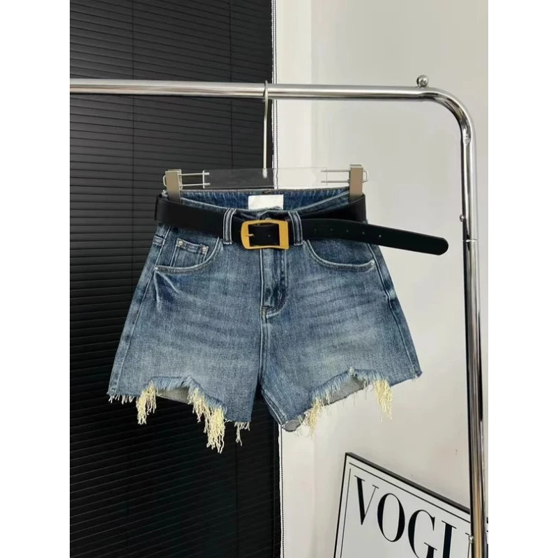 复古美式毛边流苏牛仔短裤女夏季薄款小个子宽松显瘦a字阔腿热裤