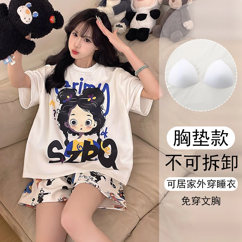 夏季睡衣女款爆款2025新款套装可外穿甜美风短袖大码带胸垫家居服