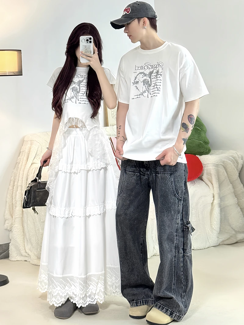 情侣装夏季小众设计感蕾丝拼接短袖印花T恤半身裙法式一裙一衣潮