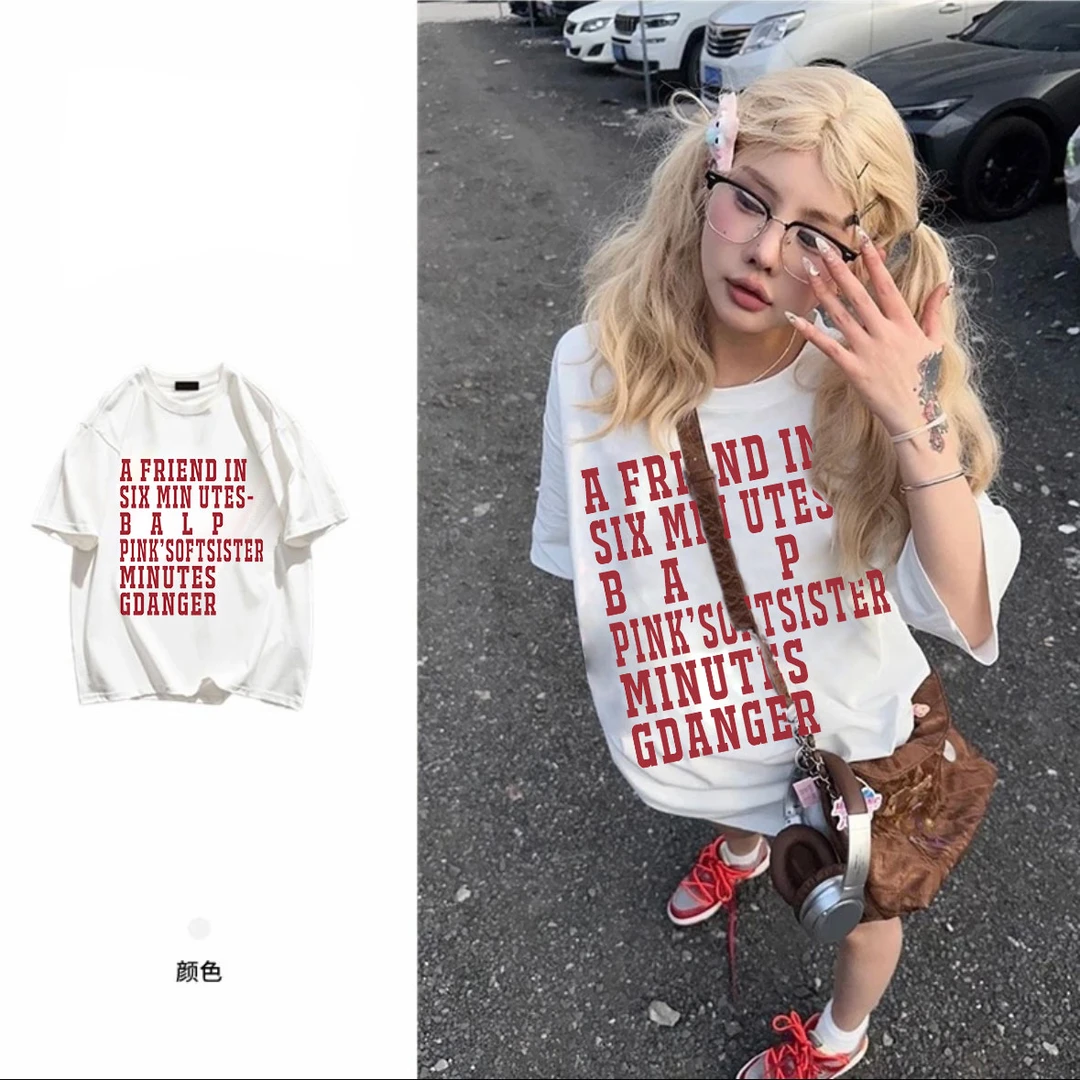 AZGO百搭宽松印花ins美式纯棉休闲小众学生圆领T恤（红色大字母）