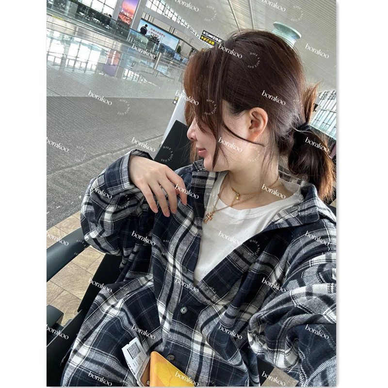 【BORAKOO】韩系~高级感藏蓝格子衬衫