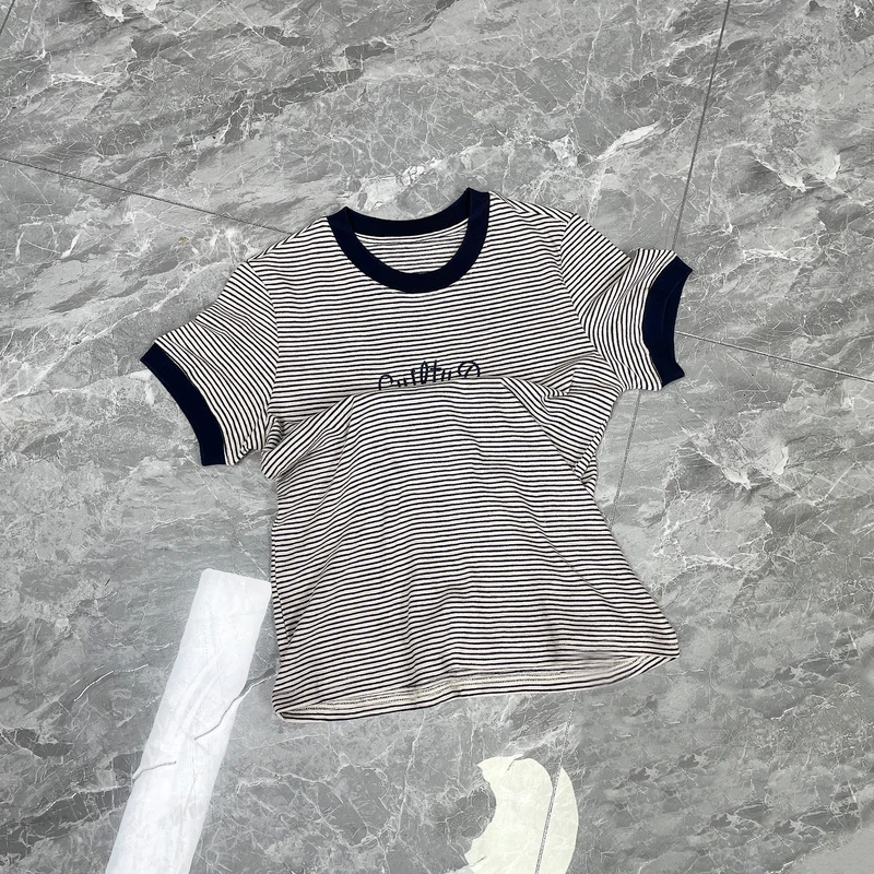 欧货2025夏季新款圆领拼色字母条纹短袖T恤女时尚半袖上衣J81726