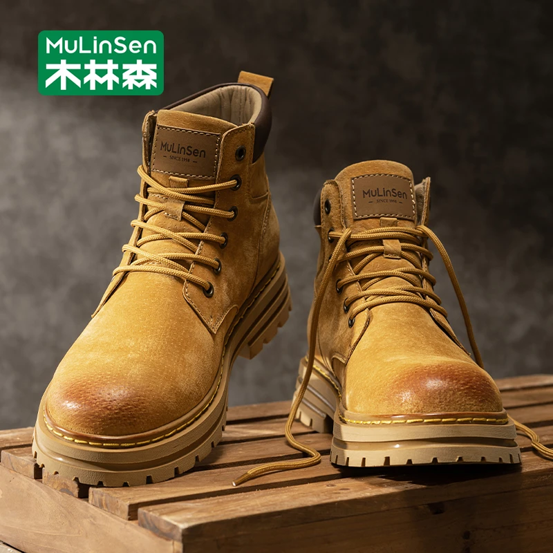 木林森马丁靴男秋冬2025新款美式复古高帮皮面靴子运动登山工装靴