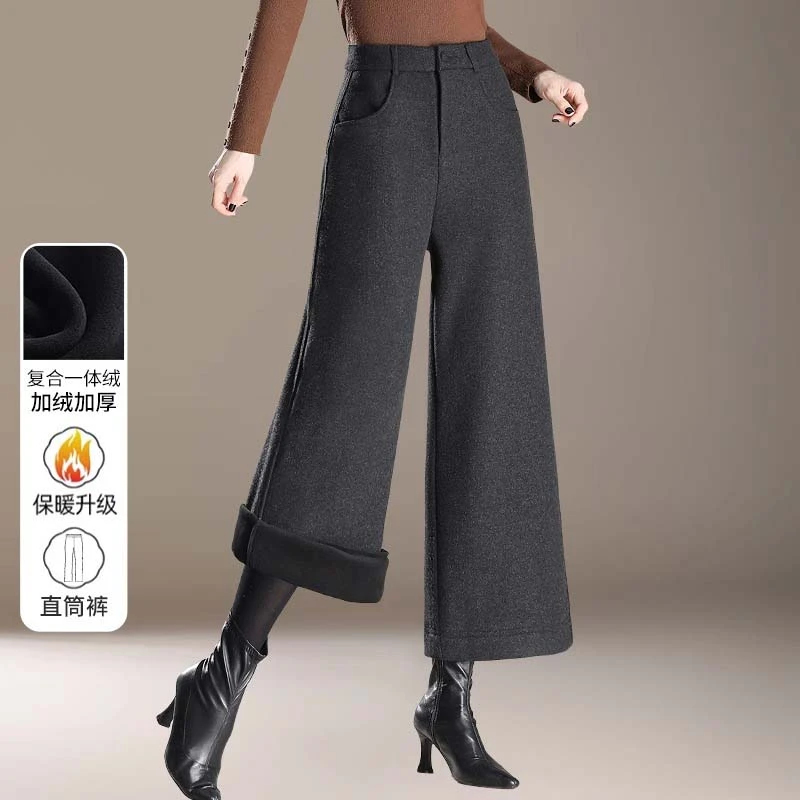 气质妈妈冬季加绒加厚阔腿裤中老年女秋冬保暖长裤妈妈高腰直筒裤