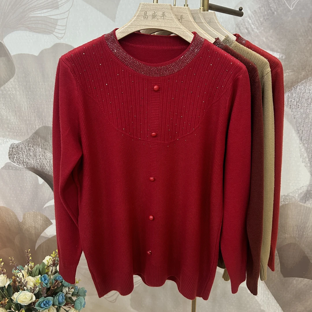 L【圆领亮钻纽扣装饰】女毛衣针织衫V领长袖时尚百搭秋冬毛针织衫