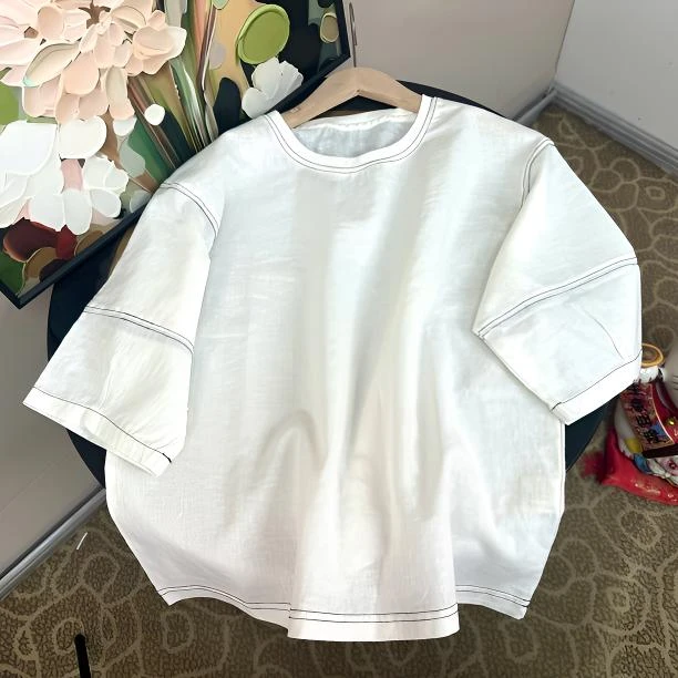 【麻友集7227】夏季法国雨露&亚麻休闲百搭明线撞色宽松短袖T恤