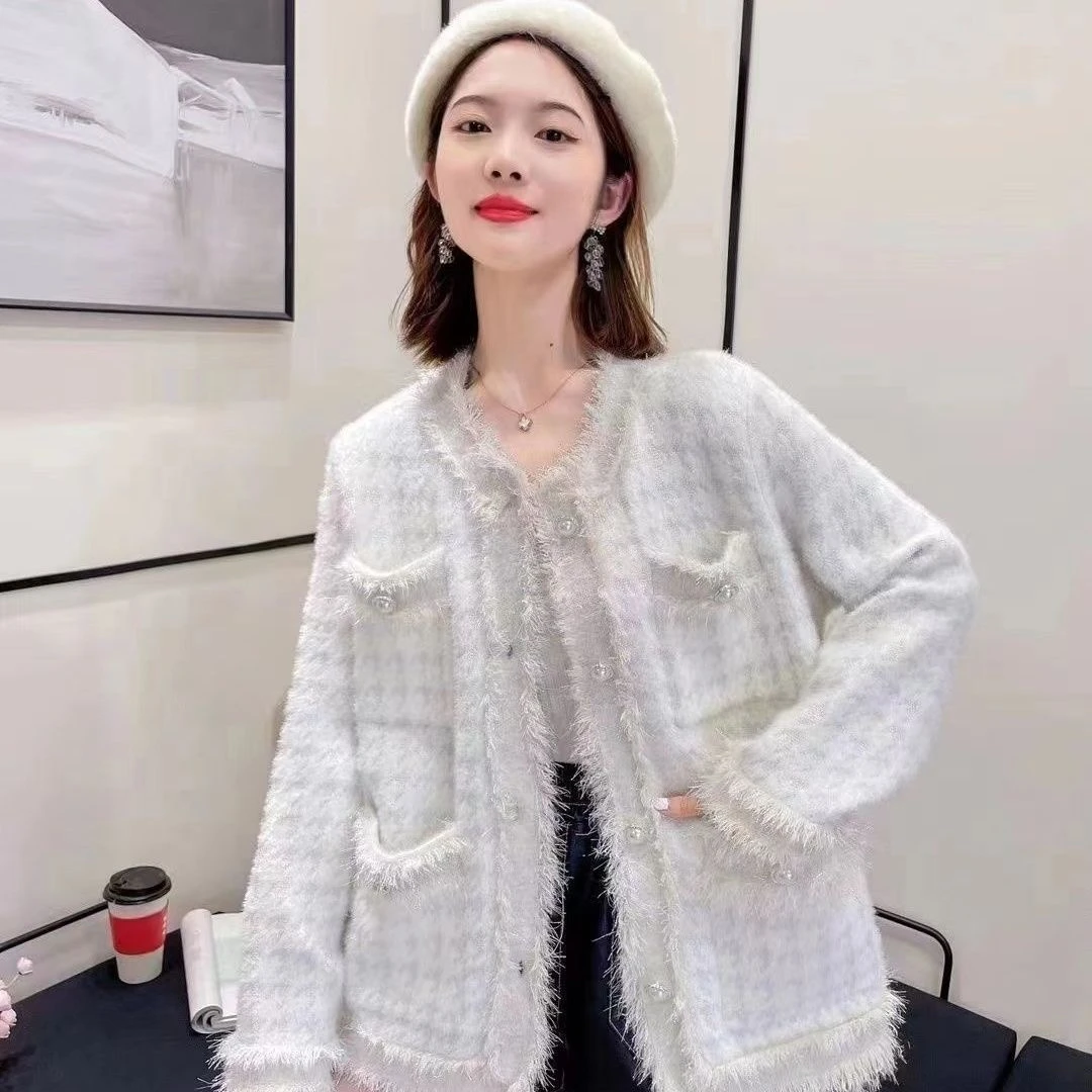 秋冬款千鸟格休闲气质百搭时尚圆领减龄银丝小香风开衫宽松长袖