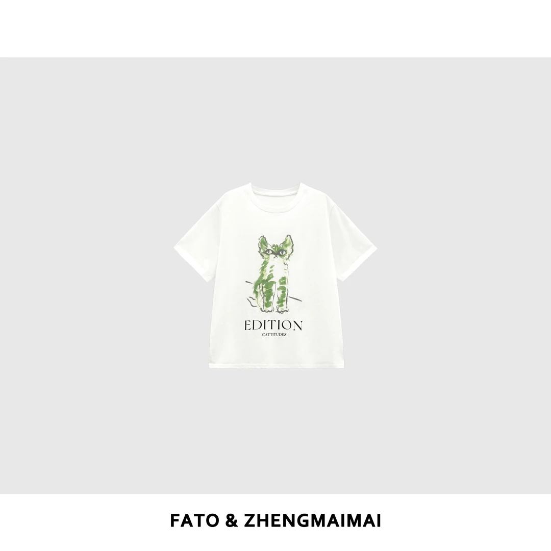 fattonny郑买买【猫骑士】夏季款休闲百搭动物印花短袖T恤YZ50517T3