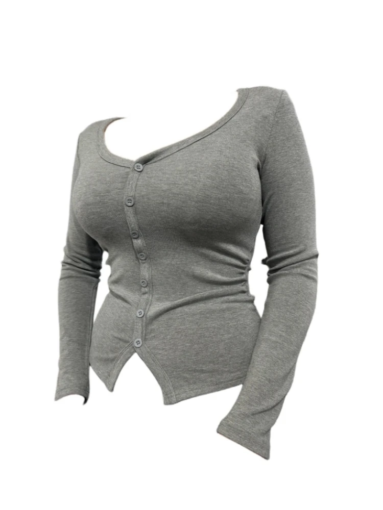 微胖mm纯欲辣妹不规则纽扣长袖T恤打底衫设计感小众百搭显瘦上衣