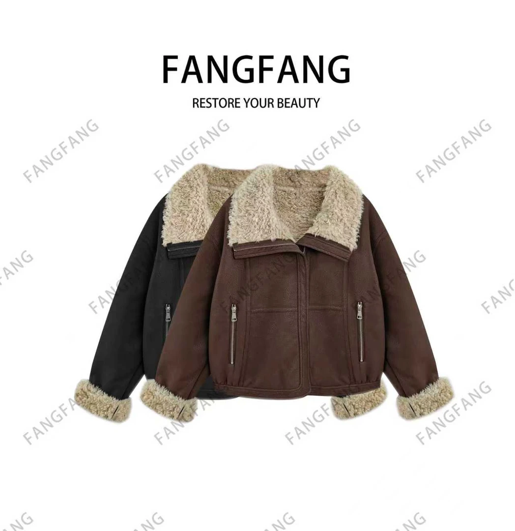 F.F女翻领不起球冬季保暖厚款短外套女士女装加厚秋冬机车服64078