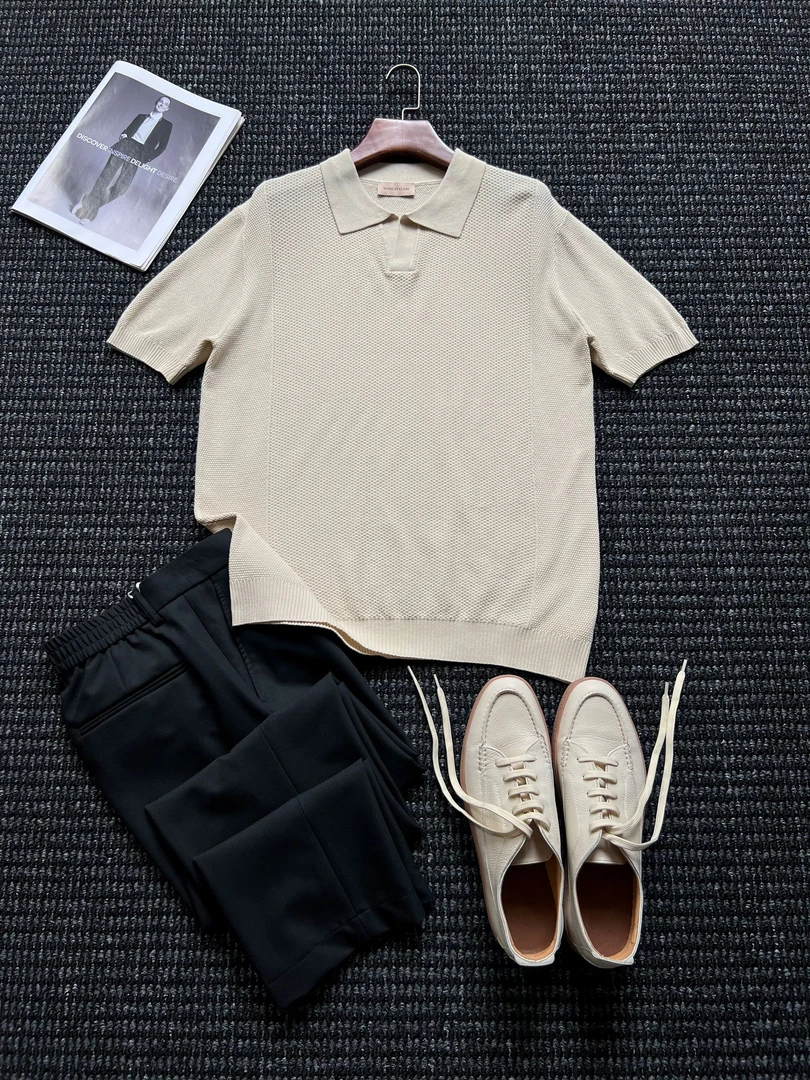 夏季时尚海鸥领针织polo衫男士老钱polo透气翻领男生衣服高级感