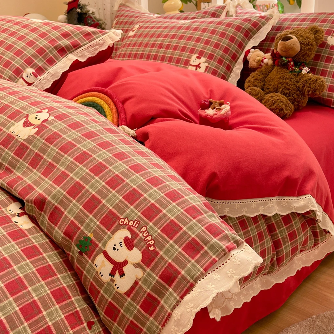 韩式蕾丝花边纯棉磨毛四件套全棉床上用品被套宿舍床单三件套床笠