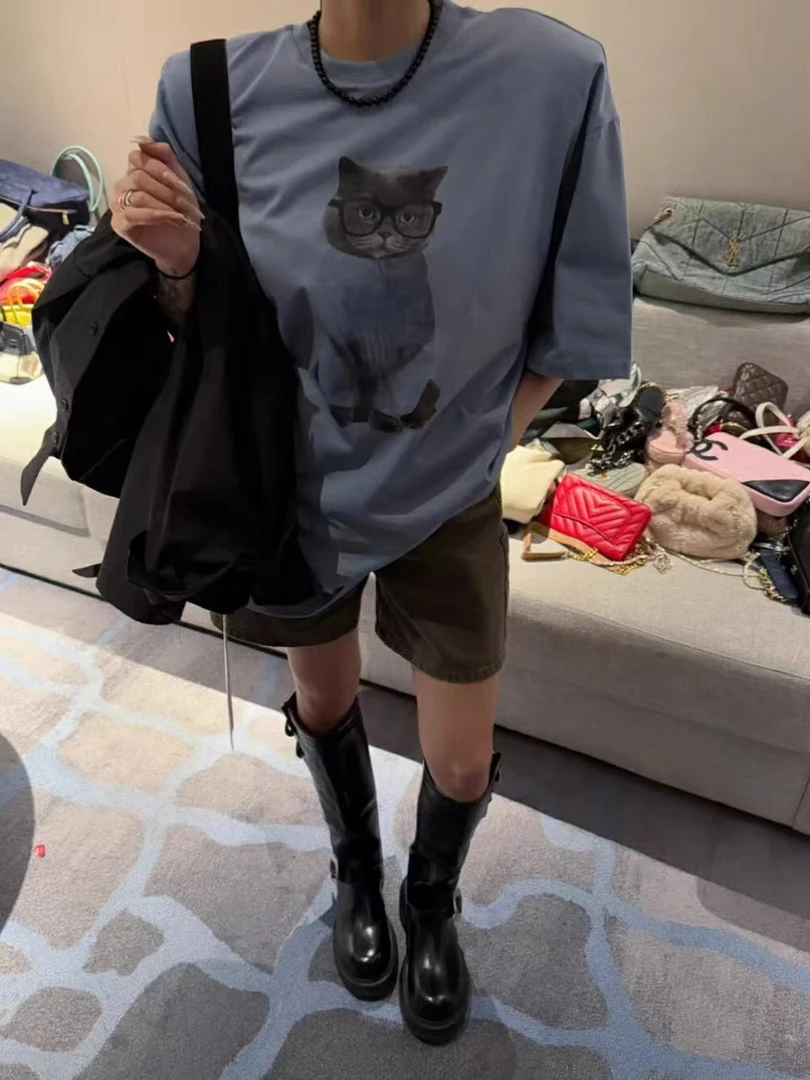 灰灰呀！5237 韩版圆领可爱猫咪印花百搭卡通宽松短袖垫肩T恤