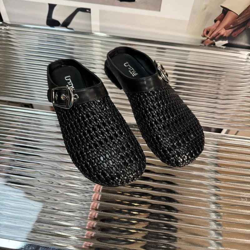 Purple Angel轻奢2CM/2025夏季新款手工编织气质镂空拖鞋25708