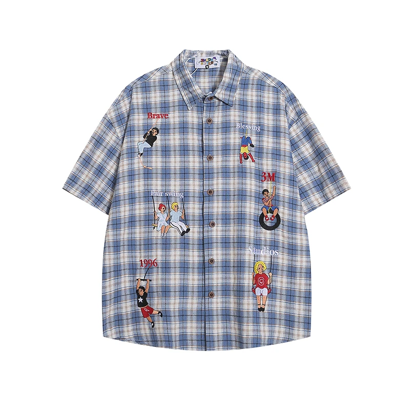 大码男装200-300斤潮男复古卡通刺绣衬衫夏宽松休闲短袖衬衣外套