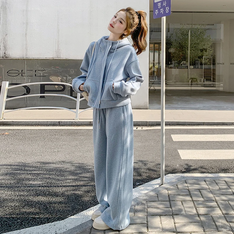 蓝色休闲运动套装女2025春秋新款慵懒风时尚连帽卫衣阔腿裤两件套