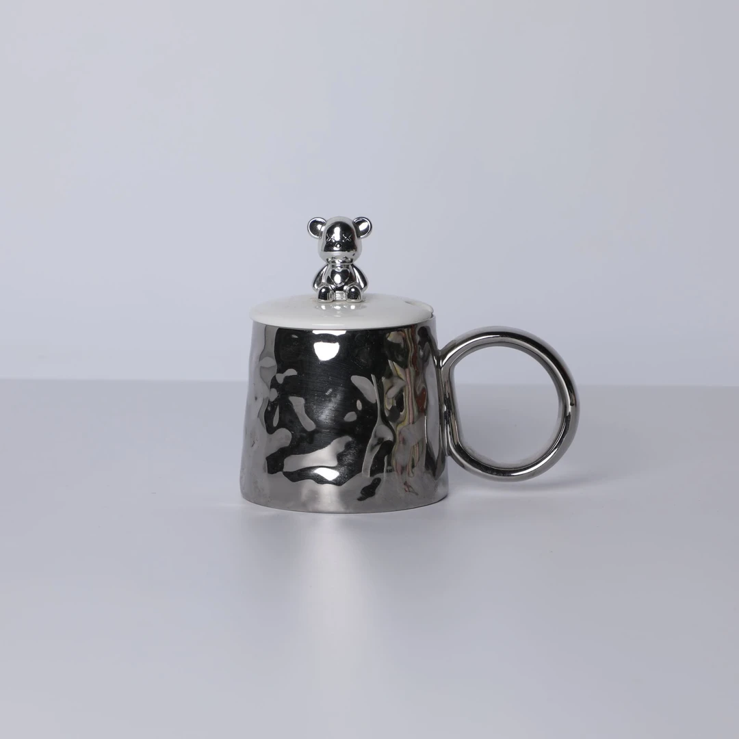 暴力熊盖子款镀银带盖陶瓷杯手工办公杯马克杯两件套